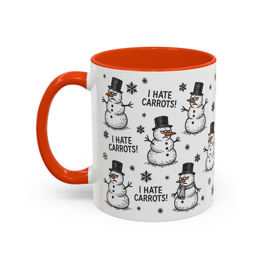 Mug with snowmen design and text 'I Hate Carrots!' on a white background and contrasting orange interior and handle.