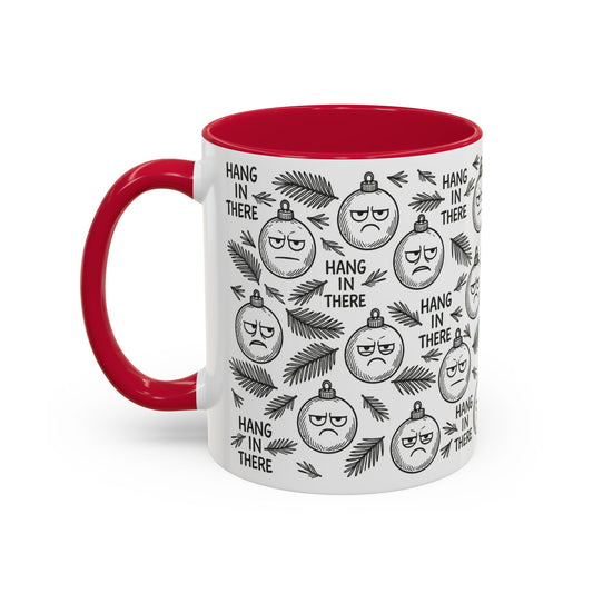 Mug with red interior and handle, featuring a grumpy Christmas-themed design and text on a white background