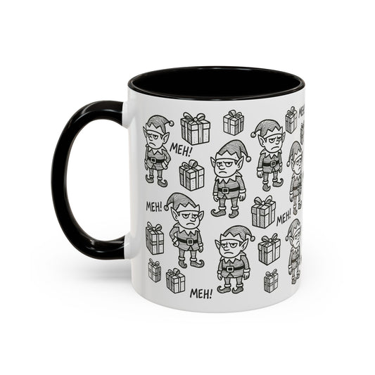 Mug with black and white illustrations of grumpy elves and presents on a white background. Contrasting black interior and handle.