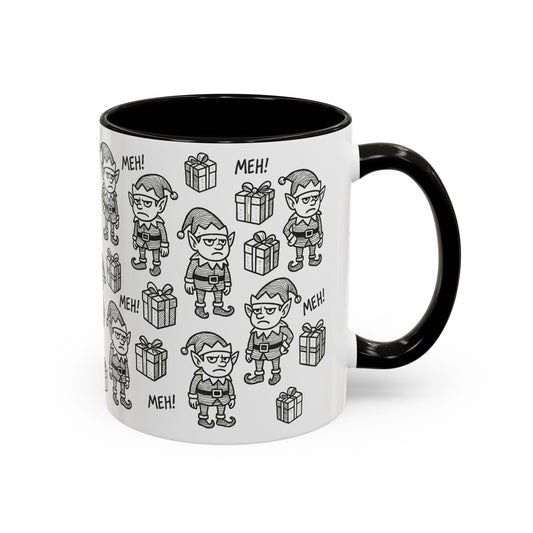 Mug with black and white illustrations of grumpy elves and presents on a white background. Contrasting black interior and handle.