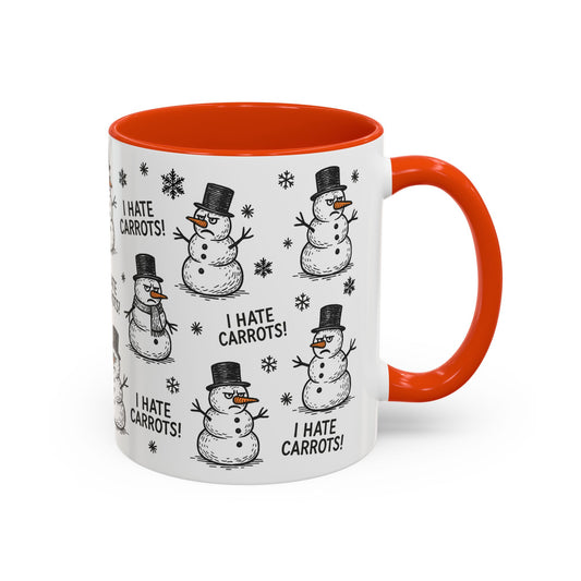 Mug with snowmen design and text 'I Hate Carrots!' on a white background and contrasting orange interior and handle.